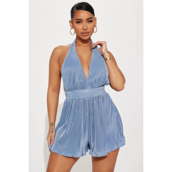 Fashion Nova Blue Romper Paulina Plissé Jumpsuit Halter Sexy Open Extra Large XL - Picture 1 of 15